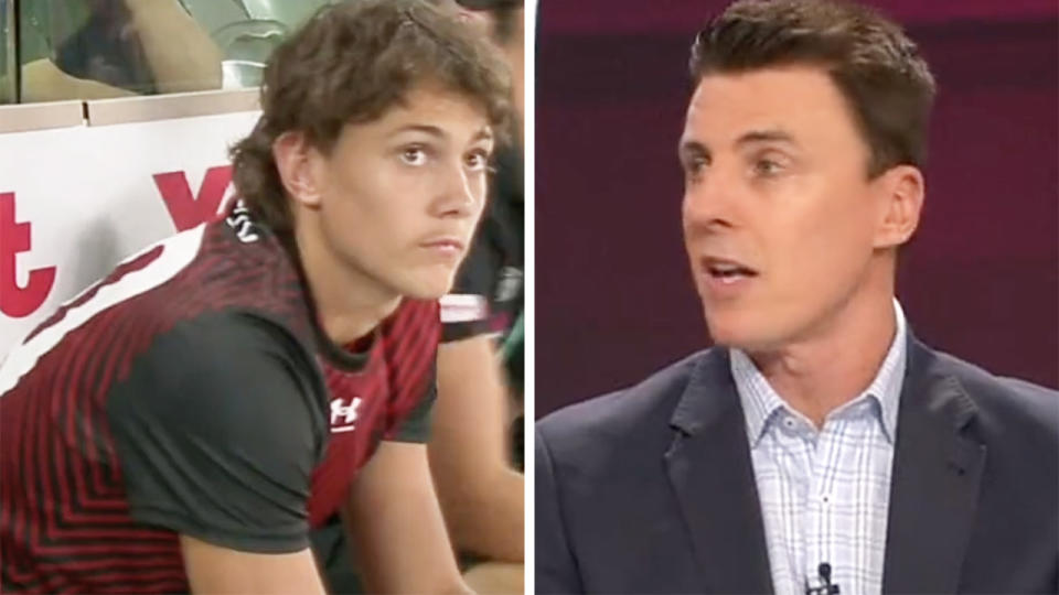 Tex Wanganeen, son of AFL great Gavin, debuted for Essendon on Saturday night but didn't play a single minute, in a move Bombers great Matthew Lloyd described as slightly unfair. Pictures: Channel 9