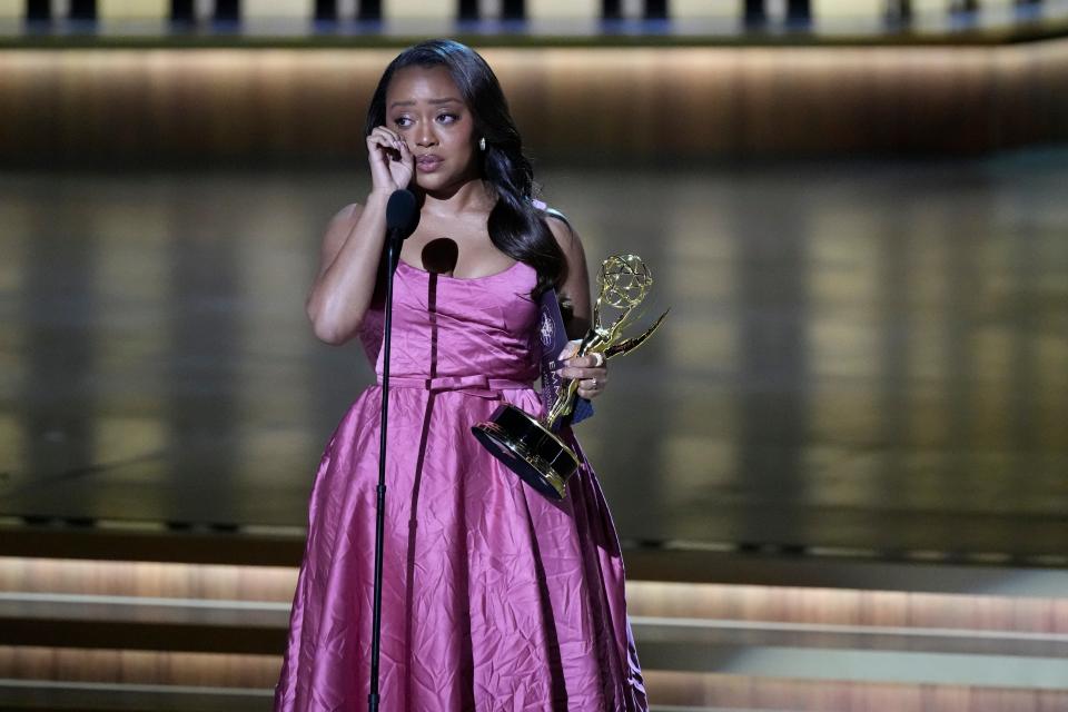 Quinta Brunson accepts the award for outstanding lead actress in a comedy series during the 75th Emmy Awards at the Peacock Theater in Los Angeles on Monday, Jan. 15, 2024.