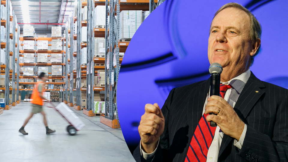 Pictured: Australian factory worker, Peter Costello talks on productivity. Images: Getty, Yahoo Finance