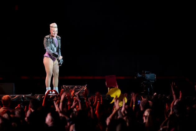 Pink is among the artists who've had items thrown at them recently. Here, she performs as part of the P!NK: Summer Carnival 2023 tour during the Nucor Fenway Concert Series in Boston.