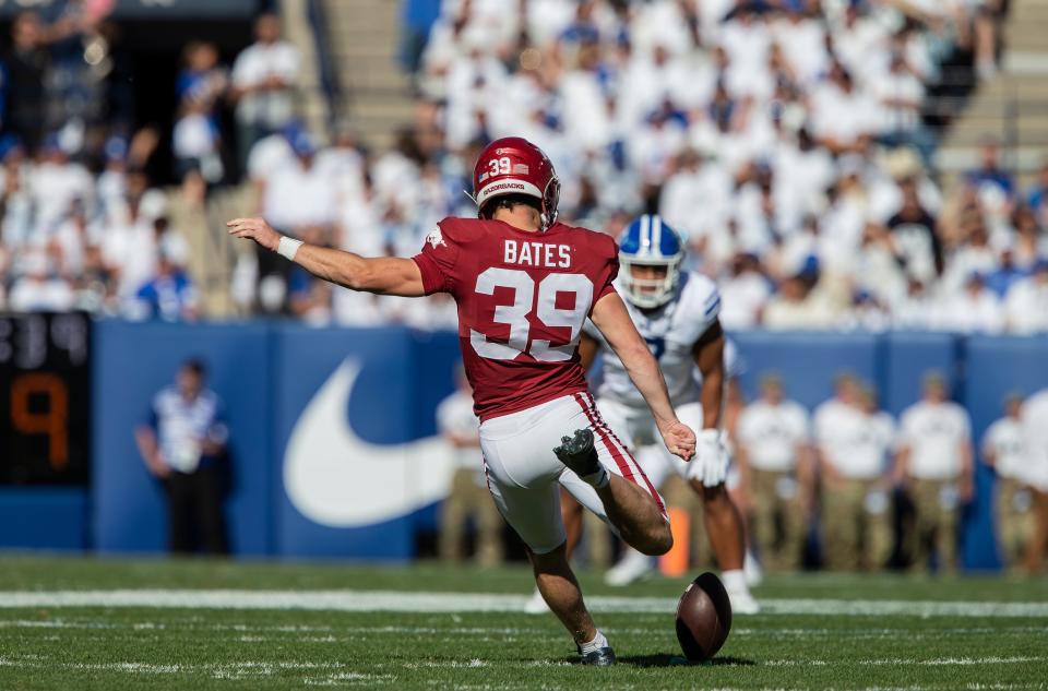 Jake Bates of the Arkansas Razorbacks kicks off to the Brigham Young Cougars during the first half on Oct. 15, 2022 at LaVell Edwards Stadium in Provo, Utah.