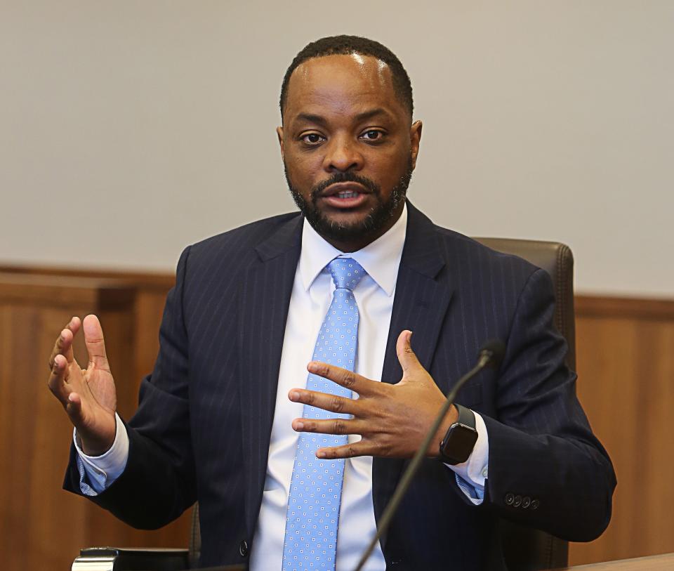 State Sen. Darius Brown discuss an upcoming "safe surrender" event at a press conference at the Leonard L. Williams Justice Center in Wilmington on Monday, May 1, 2023.