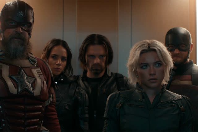 <p>Marvel</p> David Harbour, Hannah John-Kamen, Sebastian Stan, Florence Pugh, and Wyatt Russell in 'Thunderbolts*'