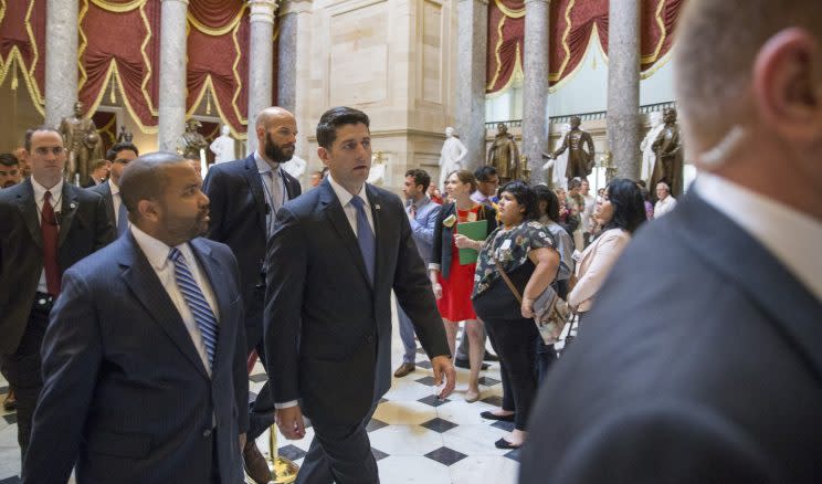 House Speaker Paul Ryan exits the house floor at Capital Hill after speaking about the shooting at the Republican congressional baseball game.