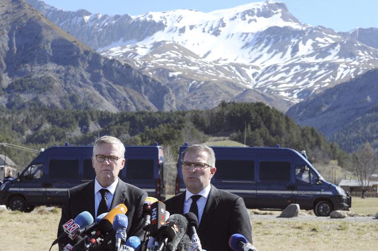 Lufthansa chief executive Carsten Spohr (right) and his Germanwings counterpart Thomas Winkelmann speak to reporters after laying a wreath for the victims of the Germanwings tragedy, in the small village of Le Vernet, French Alps, on April 1, 2015
