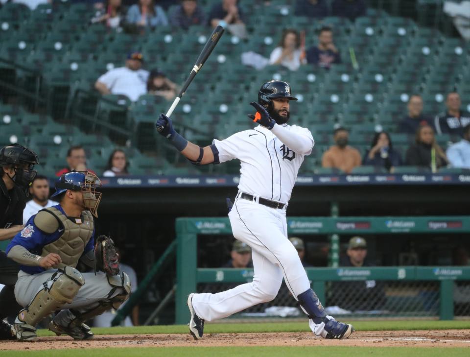 Detroit Tigers right fielder Nomar Mazara (15) singles against starting pitcher Jake Arrieta (49) during second inning action Friday, May 14 2021 at Comerica Park in Detroit, MI.