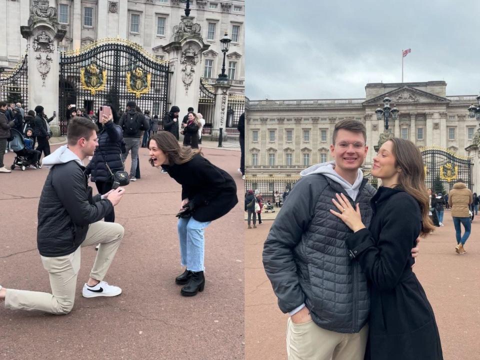 A side-by-side of a man proposing and the couple posing in front of Buckingham Palace.