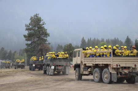 Washington State National Guard soldiers roll out in LMTVs to assist with the Chiwaukum Creek fire near Leavenworth, Washington in this handout picture released by the Washington State National Guard July 22, 2014. REUTERS/Washington State National Guard/Handout via Reuters