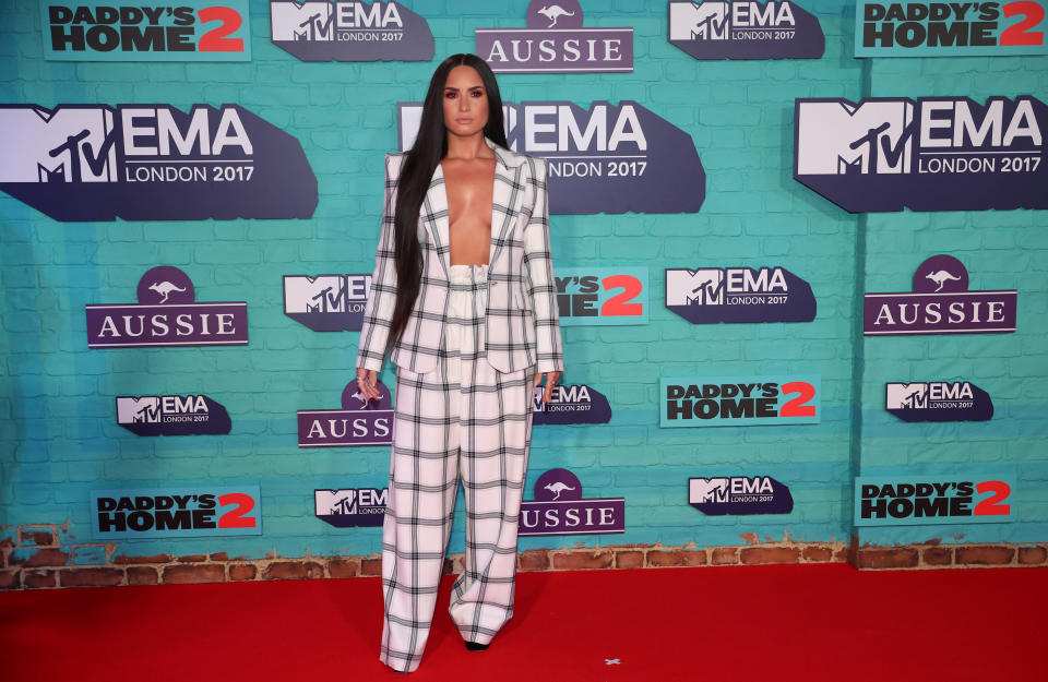 Singer Demi Lovato of the U.S. arrives at the 2017 MTV Europe Music Awards at Wembley Arena in London.