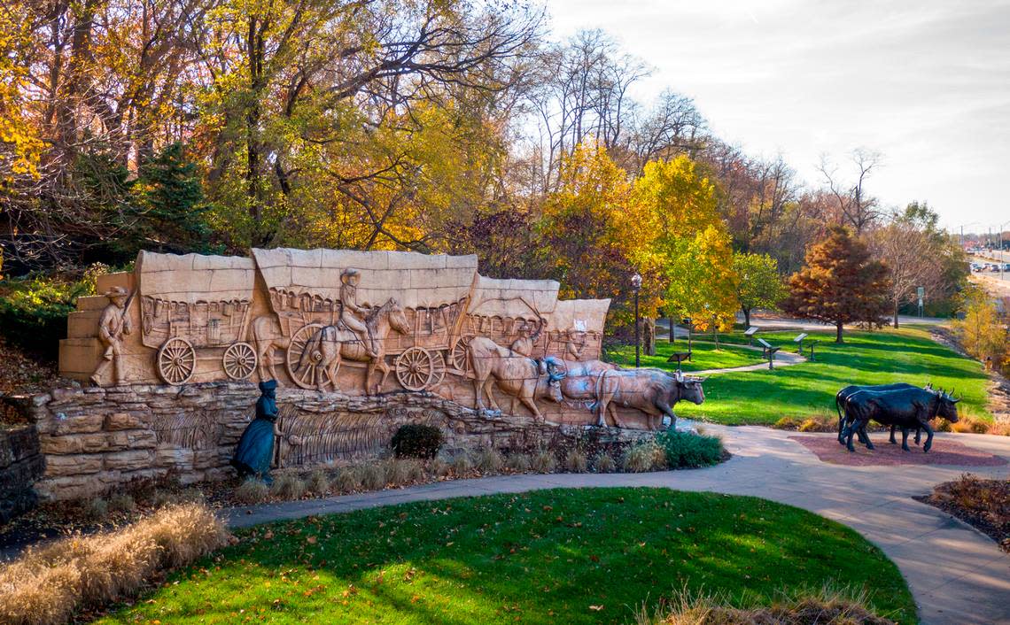 Shawnee’s Pioneer Crossing Park, which features two sculptures created by artist Charles Goslin., serves as a gateway to the city and the nearby Downtown area. 