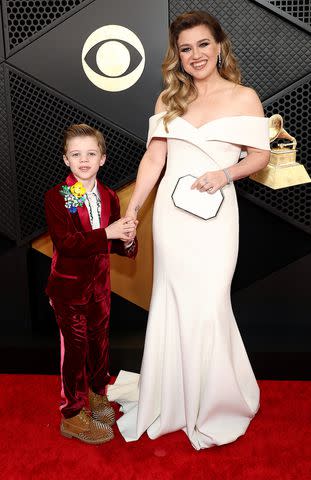 <p>Matt Winkelmeyer/Getty </p> Kelly Clarkson and son Remington at 2024 Grammys