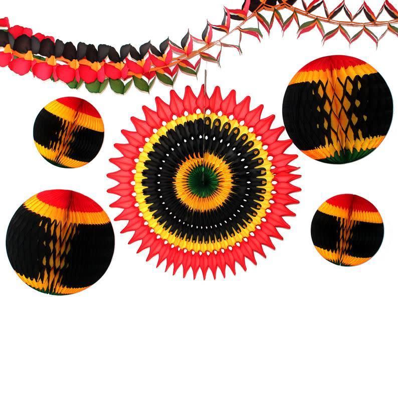 <p><strong>ShifkaDesigns</strong></p><p>etsy.com</p><p><strong>$22.50</strong></p><p>This Kwanzaa-themed decoration kit (which is made-to-order and crafted by hand) includes one 12-foot tissue garland, one 21-inch perforated tissue fan, two 12-inch honeycomb balls, and two eight-inch honeycomb balls that will transform any room into a party space. </p>