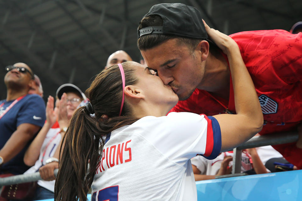  Alex Morgan of the USA kisses her husband Servando Carrasco after the 2019 FIFA Women's World Cup France Final match between The United State of America and The Netherlands at Stade de Lyon on July 07, 2019 in Lyon, France. (Photo by Maddie Meyer - FIFA/FIFA via Getty Images)