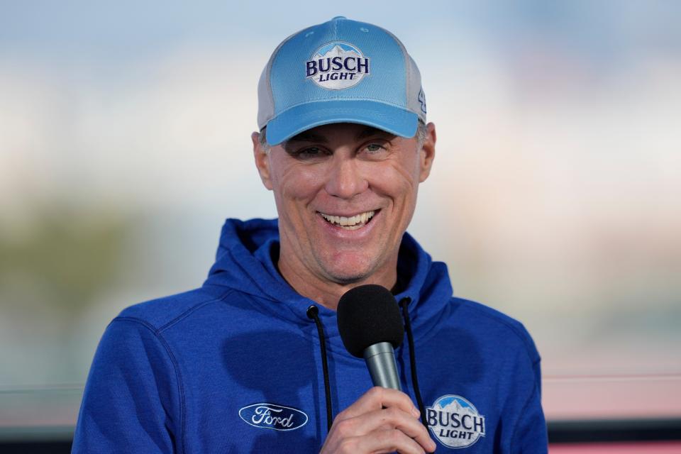 NASCAR Cup Series driver Kevin Harvick speaks to reporters ahead of practice sessions ahead of the Busch Light Clash at the L.A. Coliseum last weekend.