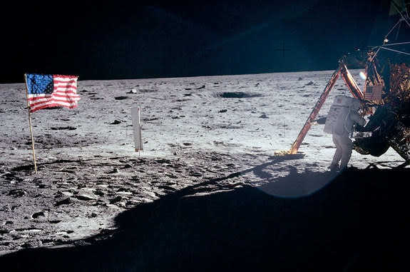 The only full-body photo of Neil Armstrong on the moon shows him working at the Apollo 11 lunar module "Eagle."