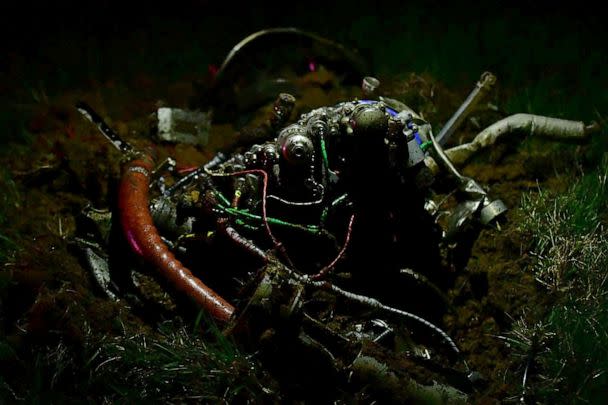 PHOTO: Debris from a helicopter crash at the crash site in Trigg County, Ky., March 29, 2023. (WKDZ Radio via Reuters)