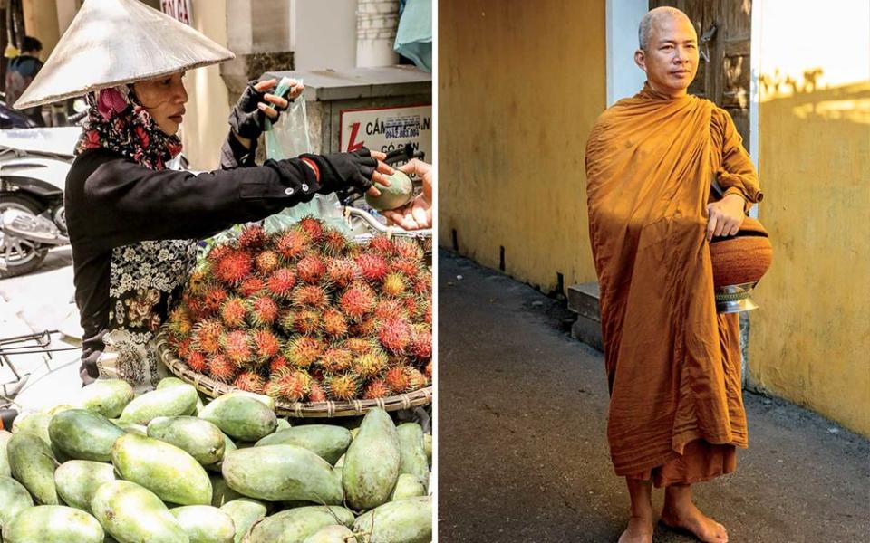 From left: “I woke early to explore Hanoi’s food stalls in the morning. The fruit—in this case, rambutans and mangoes—was amazing.”; “When I photograph people, I usually snap first, then deal with the repercussions. But most people there, including the monk in Hoi An, were fine with it.”