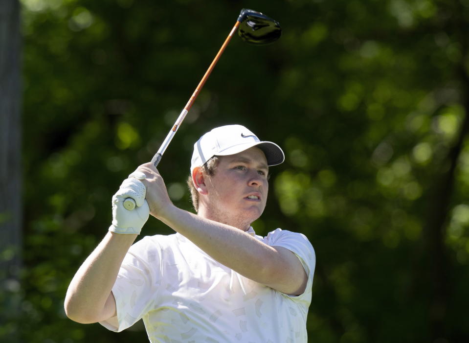 Robert MacIntyre of Scotland watches his tee shot on the fourth hole during the second round of the Canadian Open golf tournament in Hamilton, Ontario, Friday May 31, 2024. (Frank Gunn/The Canadian Press via AP)