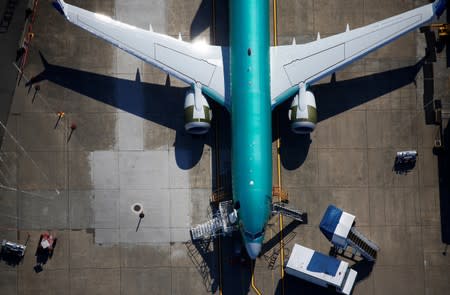 A grounded Boeing 737 MAX aircraft is seen parked at Renton Municipal Airport in Renton