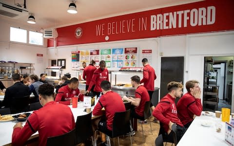 Brentford football squad having lunch together after training ahead of the next week's fixtures - Credit: JEFF GILBERT FOR TELEGRAPH SPORT