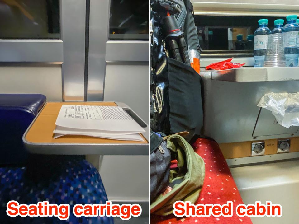 Tables inside the seating carriage (L) and shared cabin (R).