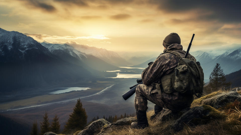 A close-up of a hunter holding a rifle with the scenic landscape in the background.