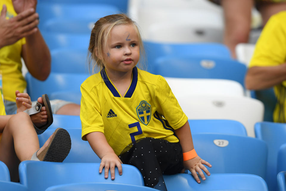 <p>Mikael Lustig of Sweden’s daughter, Lexie looks on prior to the 2018 FIFA World Cup Russia Quarter Final match between Sweden and England at Samara Arena on July 7, 2018 in Samara, Russia. (Photo by Mike Hewitt – FIFA/FIFA via Getty Images) </p>
