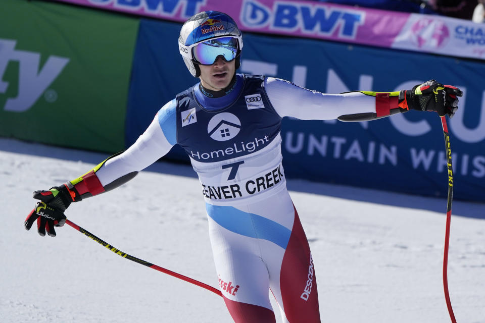 Switzerland's Marco Odermatt reacts after finishing his run during a men's World Cup super-G skiing race Thursday, Dec. 2, 2021, in Beaver Creek, Colo. (AP Photo/Gregory Bull)