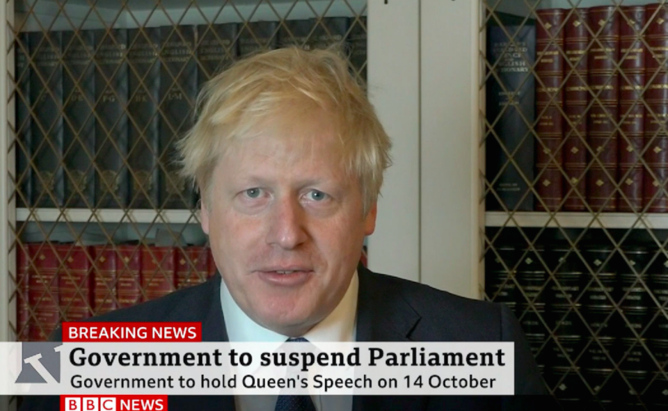 Prime Minister Boris Johnson making a statement in which he said that it is "completely untrue" he will be holding a Queen's Speech on October 14 because of Brexit (BBC/PA) 