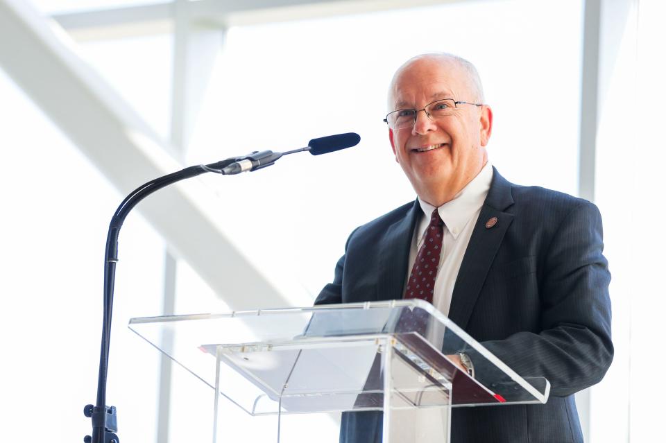 Missouri State President Cliff Smart speaks during a press conference announcing the new MSU alumni center is named after him, the Clifton M. Smart III University Advancement Center, on Friday, April 12, 2024.