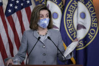 Speaker of the House Nancy Pelosi, D-Calif., holds a news conference at the Capitol in Washington, Thursday, Oct. 29, 2020. (AP Photo/J. Scott Applewhite)