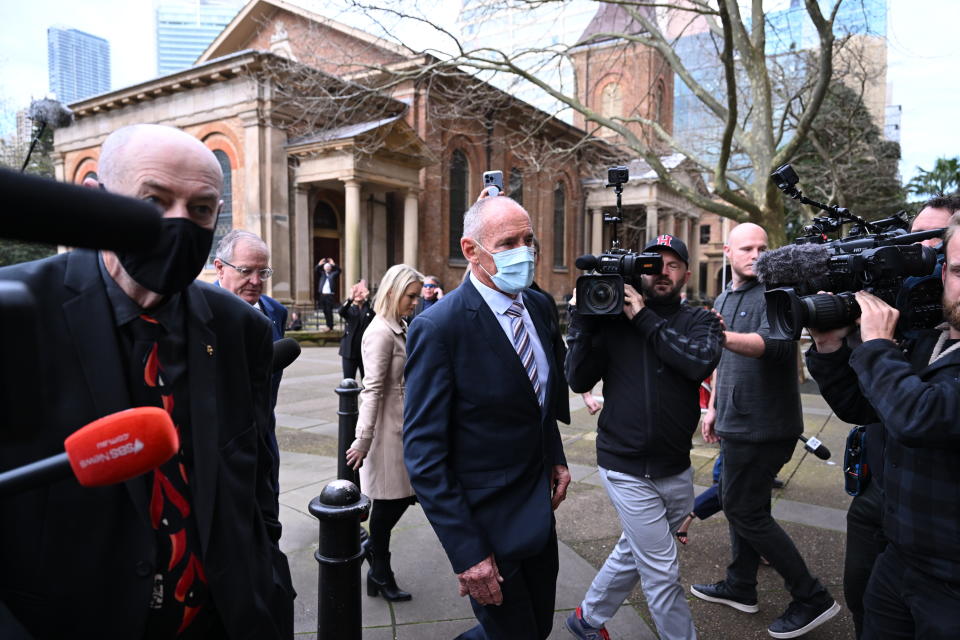 Chris Dawson (centre) arrives at the Supreme Court of New South Wales in Sydney on Tuesday. Source: AAP