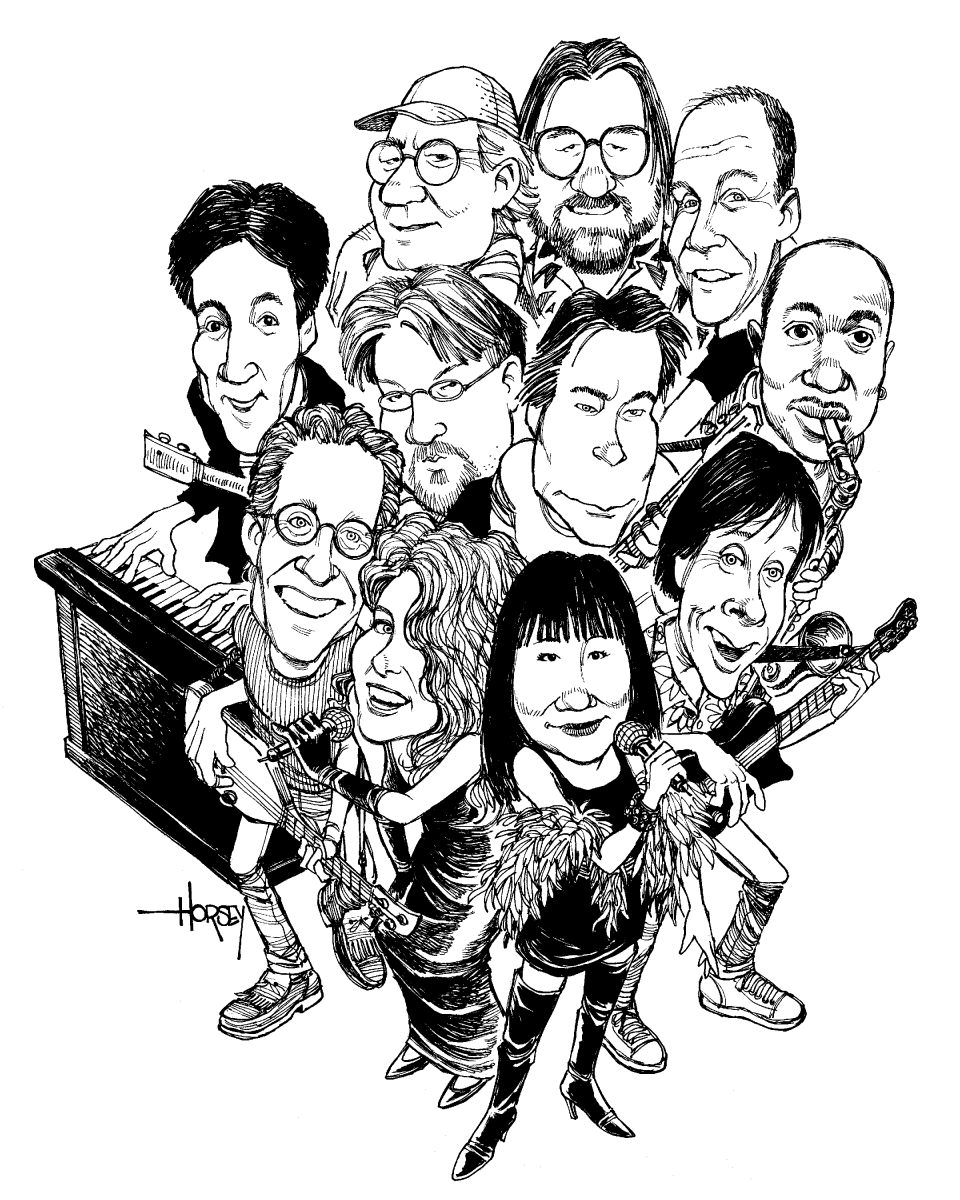 A caricature of the original members of the Rock Bottom Remainders, a 30-year-old band of top authors playing music that will reunite for the 10th anniversary of the Nantucket Book Festival.