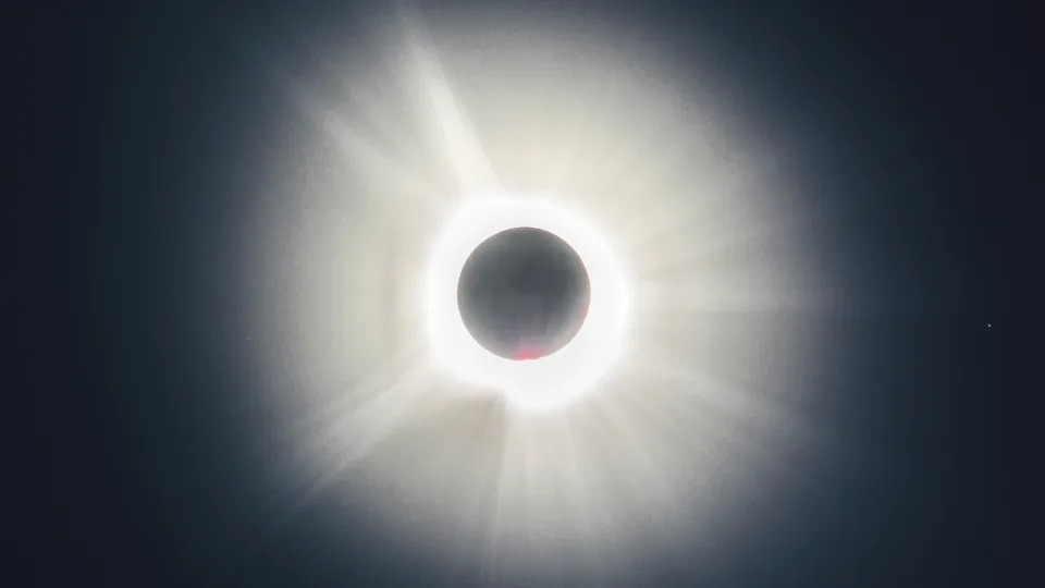 brilliant white prominences jet out from behind the moon, dimly faced in front of the sun.