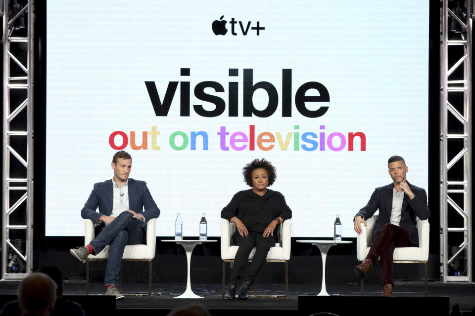 Ryan White, from left, Wanda Sykes and Wilson Cruz speak at the "Visible: Out on Television" panel during the Apple+ TCA 2020 Winter Press Tour at the Langham Huntington, Sunday, Jan. 19, 2020, in Pasadena, Calif. (Photo by Willy Sanjuan/Invision/AP)