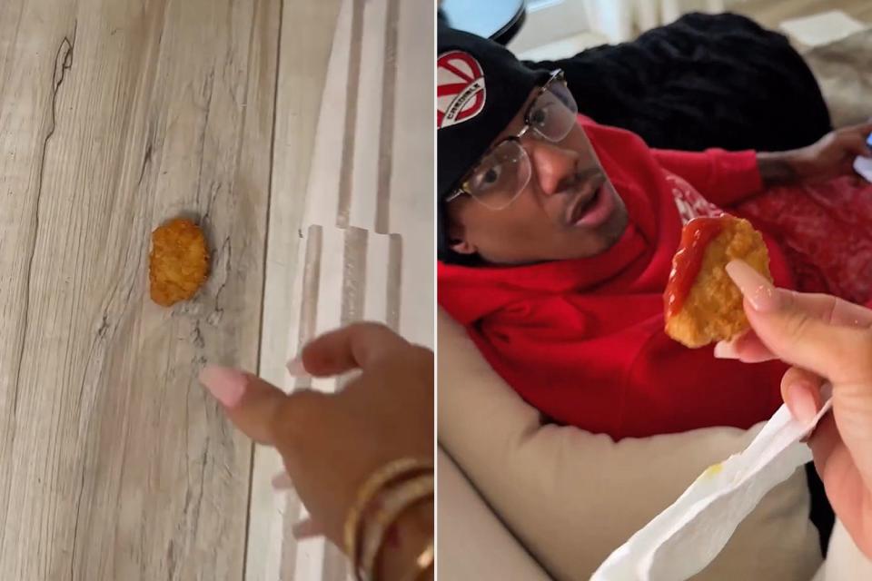 <p>Nick Cannon/Instagram</p> Bre Tiesi feeding Nick Cannon a chicken nugget after dropping it on floor