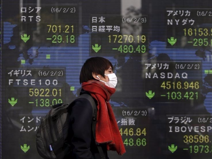 A pedestrian walks past an electronic board showing the stock market indices of various countries outside a brokerage in Tokyo, Japan, February 3, 2016.REUTERS/Yuya Shino