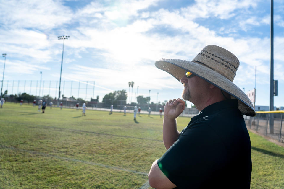 Daniel Hopper, Cortez High School football head coach, attends practice on campus in Phoenix on Oct. 19, 2022.