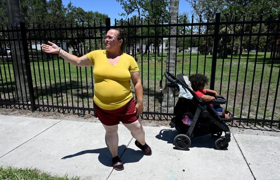 Heather Moore, 39, along with her son, Noah, and her partner are among the 567 people experiencing homelessness in Manatee County, according to the Manatee County Homeless Task Force. Heather shows the area of sidewalk where her family were living behind the Salvation Army.