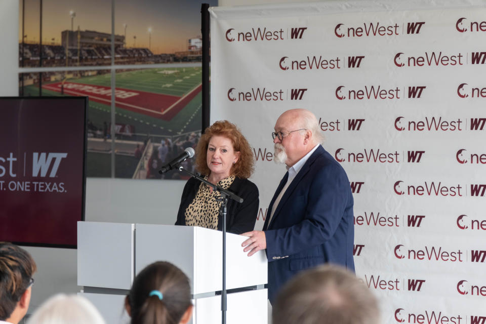 Leah McClain and Jim Brewer, co-chairs of the WT One West campaign, announce a new fundraising goal Thursday morning at the WT One West Campaign Announcement at the Bain-Schaeffer Buffalo Stadium in Canyon.