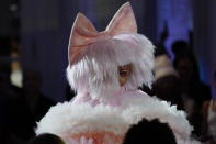 Musician Sia leaves the runway after performing as the Christian Siriano collection is modeled during Fashion Week, Friday, Sept. 8, 2023, in New York. (AP Photo/Mary Altaffer)
