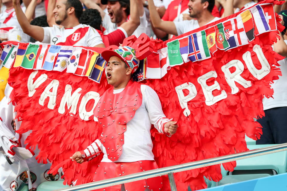 <p>Supporters of Team Peru cheer during a 2018 FIFA World Cup Group C football match between Australia and Peru at Fisht Stadium. Sergei Savostyanov/TASS (Photo by Sergei Savostyanov\TASS via Getty Images) </p>