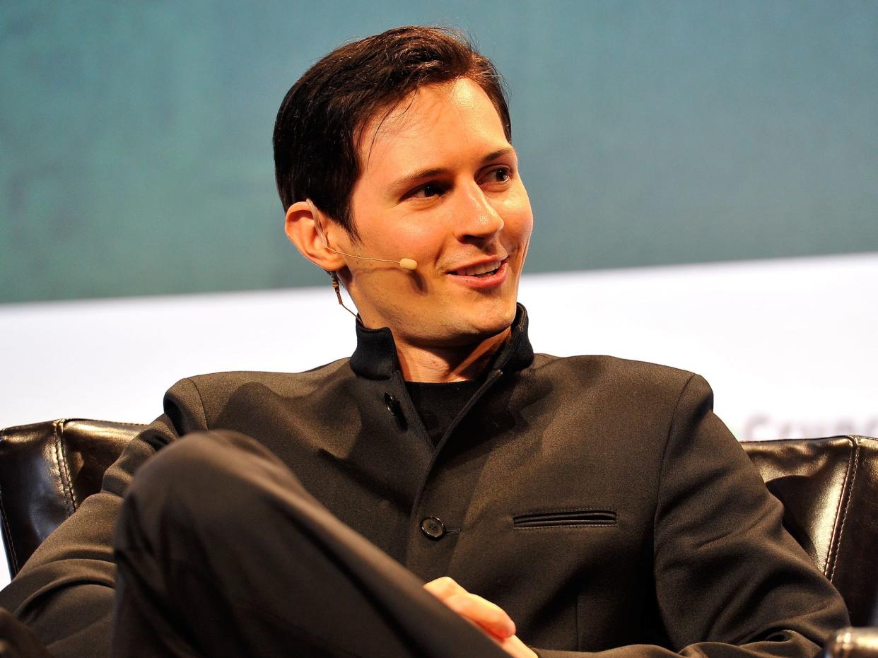 Pavel Durov speaks on stage at a conference in San Francisco, California.