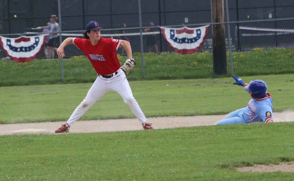 Booma second baseman Owen Moore gets the out at second and  fires a throw to first for a potential double play during Wednesday's Senior Legion baseball game against Nashua at Leary Field in Portsmouth.