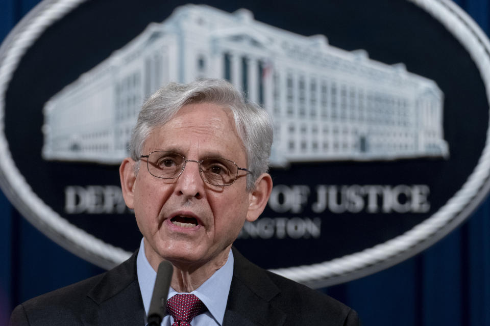 Attorney General Merrick Garland speaks about a jury's verdict in the case against former Minneapolis Police Officer Derek Chauvin in the death of George Floyd, at the Department of Justice, Wednesday, April 21, 2021, in Washington. (AP Photo/Andrew Harnik, Pool)