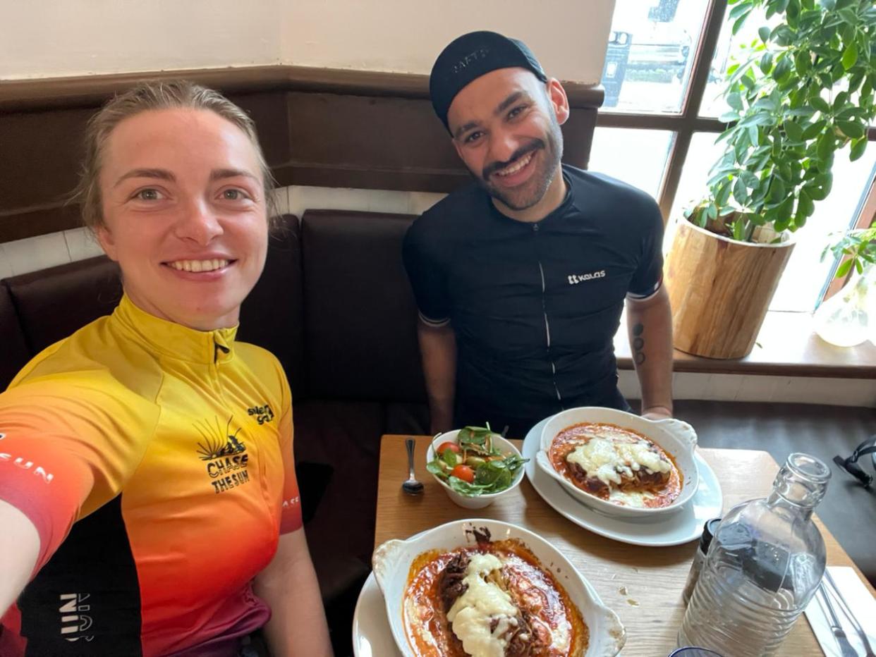 (Left) Victoria Gudyma and (right) Tom Hashemi on the day of their cycle in the shape of the UK (Victoria Gudyma/PA)