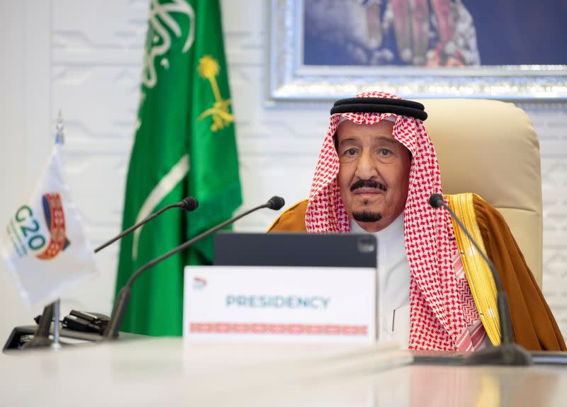 Saudi King Salman bin Abdulaziz gives virtual speech during an opening session of the 15th annual G20 Summit World Leaders, in Riyadh