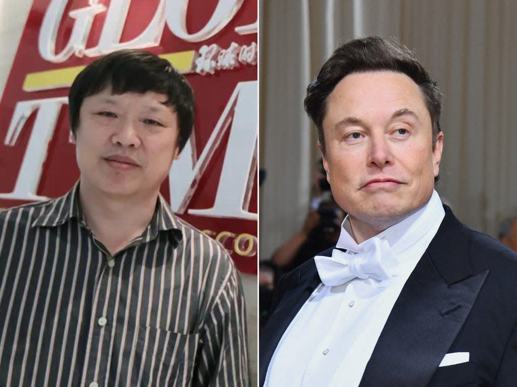 A composite image of Hu Xijin (left) and Elon Musk.