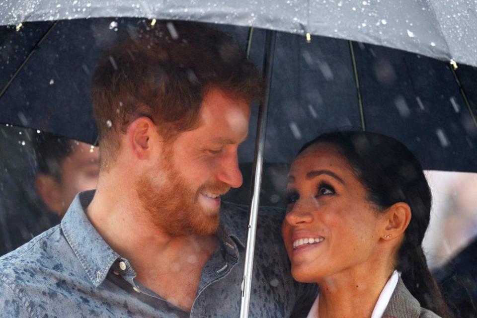 Meghan Markle and Prince Harry under an umbrella