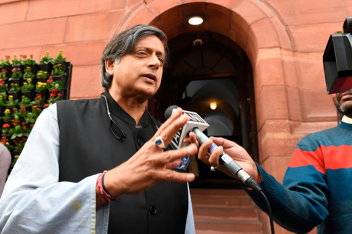 Indian Congress party leader Shashi Tharoor on the first day of the winter session of the parliament in New Delhi (Getty)